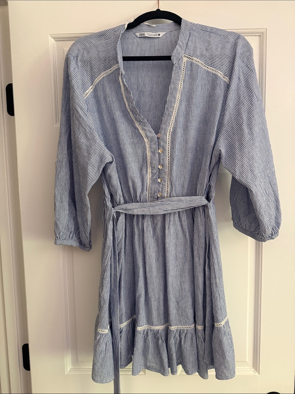 Zara Blue and White Striped Mini Dress with Waist Tie